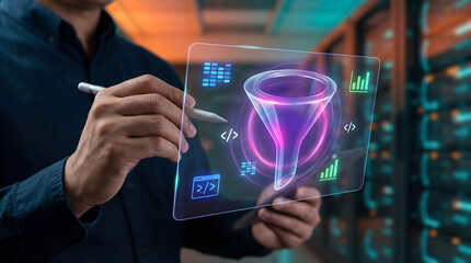 man holding digital screen with funnel and coding symbols