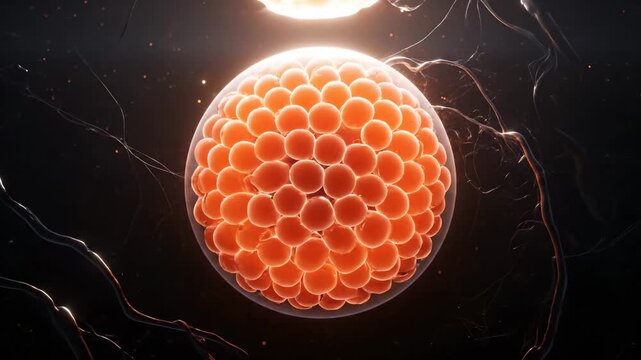 Embryo divides into cells forming blastocyst structure. Cell division creates embryo during fertilization. Blastocyst develops from embryo cells. Fertilization shows cell division process.