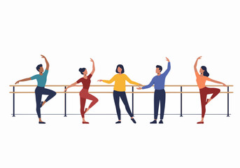 Fototapeta premium Diverse group of adults training and practicing ballet together at a studio barre, showcasing inclusive dance education and fitness.