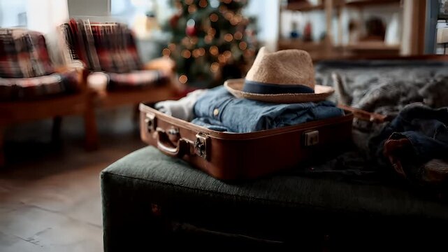 A closeup shot of a suitcase filled with clothing and a straw hat. The suitcase is placed on a green cushion, and the contents of the suitcase include blue jeans, a brown hat.