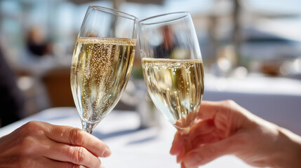 Obraz premium Close-up of faceless hands clinking two glasses of fine Champagne on a white linen tablecloth, outdoor terrace of a French bistro, graduation celebration, bright airy light, sharp