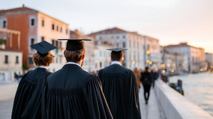 Faceless shot from behind: a group of graduates in academic robes standing on a bridge over a canal in a historic city, mortarboards in hands, European university life, soft sunset