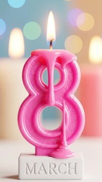Pink number 8 candle with flame on white block with MARCH text