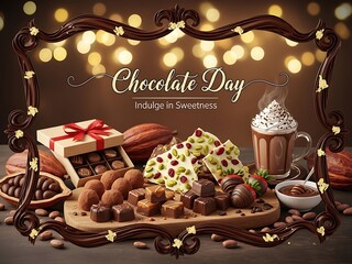 Naklejka premium A delicious assortment of chocolates and treats on a wooden board with a decorative frame