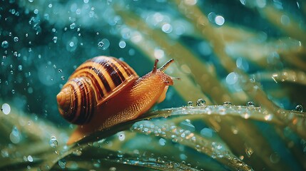 Close-up of a detailed snail crawling on wet green leaves in natural outdoor environment, showcasing vibrant colors, shell texture, and serene wildlife habitat