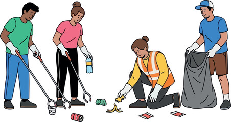 Diverse group of volunteers including a Black man participating in a community cleanup activity, picking up litter to promote environmental protection and public health awareness.