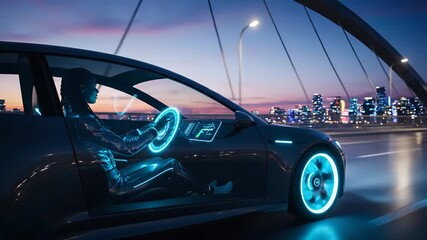 Driver steering car with hologram dashboard. Illuminated wheel and technology interface visible. Bridge and city skyline visible at night. Driver silhouette and illuminated interior shown. Plus HUD. - Powered by Adobe