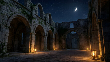 Ancient stone building with arches and lanterns under a starry night sky