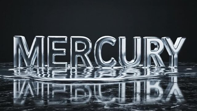 Dynamic three-dimensional metallic text of 'Mercury' depicted on a shimmering liquid surface, creating a futuristic and scientific aesthetic