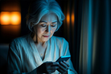 Senior woman using smartphone late at night at home, thoughtful portrait of digital connection and trust &mdash; concept of seniors online communication, technology inclusion, and modern aging