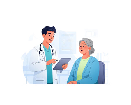 Medical Flat Vector of Male Doctor Consulting Senior Woman Patient at Clinic, Geriatric Healthcare Checkup, Diagnosis and Hospital Treatment Concept