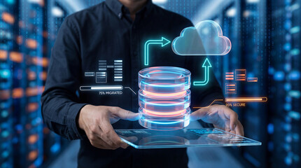man holding tablet with cloud and database icons on screen