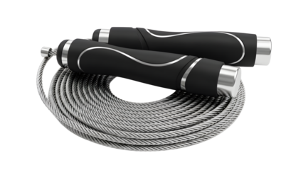 A coiled jump rope with black handles and silver accents on transparent background