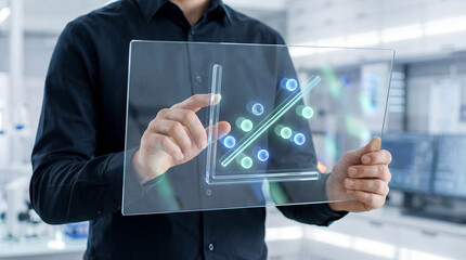 man holding transparent screen with graph and blue green circles