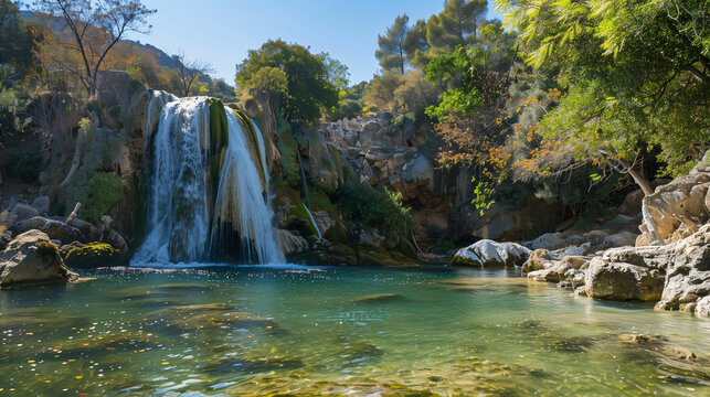 Panoramic view of the waterfall on the island of Rhodes, Greece