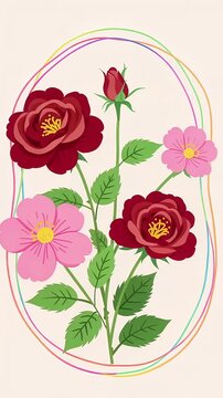Delicate Red and Pink Roses Illustration in Framed Border.