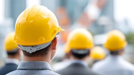 A team of civil engineers in hardhats collaborates on a construction site, discussing plans and strategies for development.