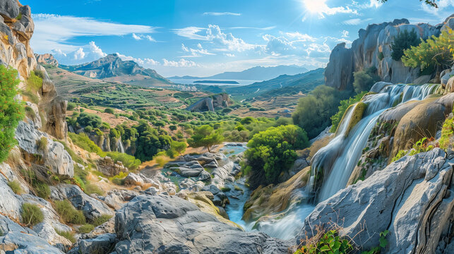 Panoramic view of the waterfall on the island of Rhodes, Greece