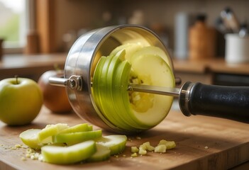 Green apple being peeled and cored on a wooden board for a healthy snack in a home kitchen. apple slicer