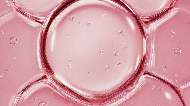 Liquid pink rose bubbles macro close up. Abstract cosmetic 3D animation background of fluid circles. Beauty care concept of decorative antioxidant peptide soap spheres in light water background.4k