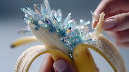 Close-up of faceless hands peeling a banana to reveal a core of blue holographic crystals, whimsical AI-driven imagination, bright studio light, sharp focus on the peel and crystal