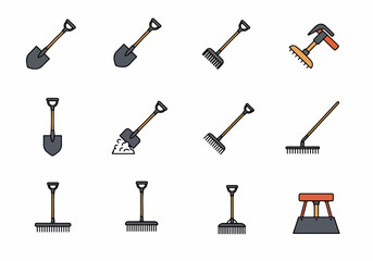 Obraz premium Flat Design Vector Icons: Shovels, Rakes, and Essential Gardening & Construction Tools Set for Outdoor Work and Landscaping