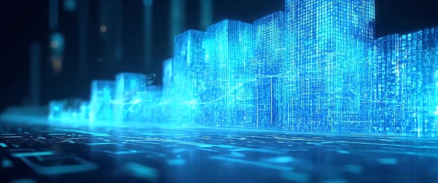 Futuristic city skyline emerges with digital data streams flowing, while camera slowly pans through a cybernetic landscape, capturing ambient light flickers in a cinematic style.