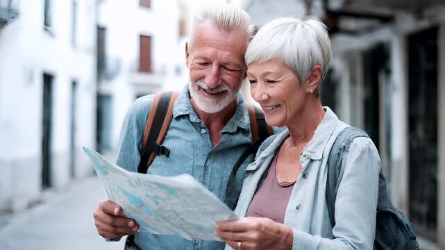 A candid shot of a mature couple sharing a moment on a city street. The man and woman are engrossed in reading a map together.