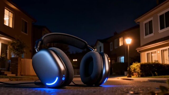 Medium shot capturing noise reduction gear at night in a residential area highlighting quiet and improved sleep comfort