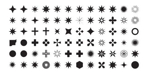 Comprehensive set of black abstract geometric shapes vector symbols and decorative stars including crosses flowers and modern minimal design elements