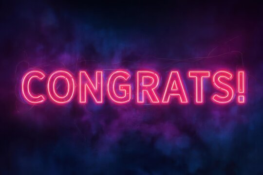 Bright pink neon sign spelling out the word congrats with a subtle smoky purple background creating a festive and celebratory atmosphere - Powered by Adobe