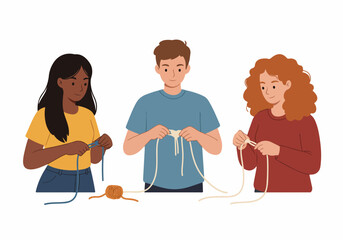 Diverse young adults enjoying a creative knitting and crocheting hobby, fostering handmade craft skills and mindful activity. An illustration of group learning and shared artistic passion.
