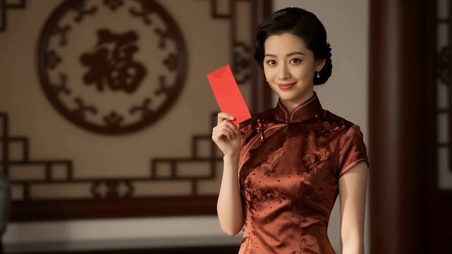 Woman in cheongsam holding red envelope with Fu character background