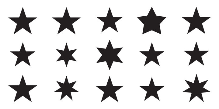 Set of different filled five pointed star icons in classic symmetrical shapes on white