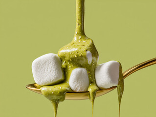 Pistachio Cream Dripping over White Marshmallows on Spoon