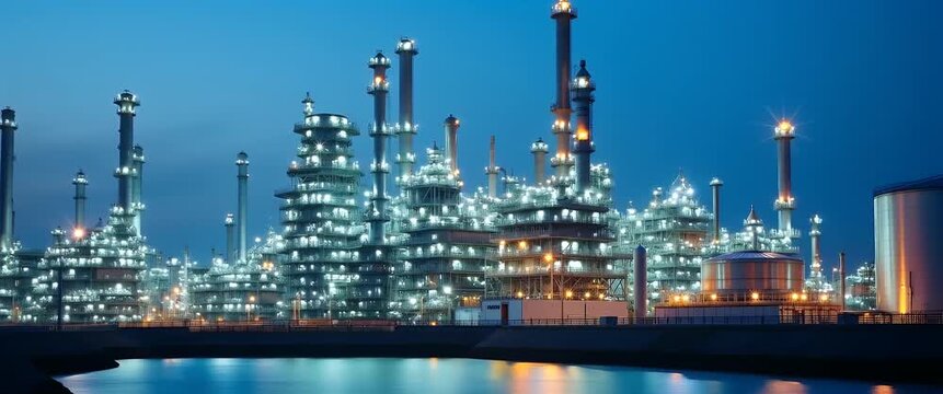 Industrial refinery lights flicker against a twilight sky, as the camera slowly pans across the complex, capturing the intricate architecture in a cinematic, high-definition style.