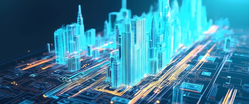 Futuristic cityscape hologram emerges above a circuit board, with gentle neon flicker and a slow camera pan, in a cinematic exploration of technology and innovation.