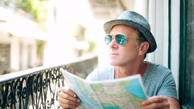 man in hat and sunglasses reading map on balconyman wearing reflective sunglasses and hat.