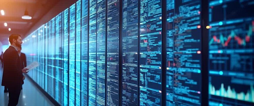 Business professionals analyze data on towering digital screens in a modern office; camera slowly pans as dynamic stock market graphs flicker in cinematic clarity.