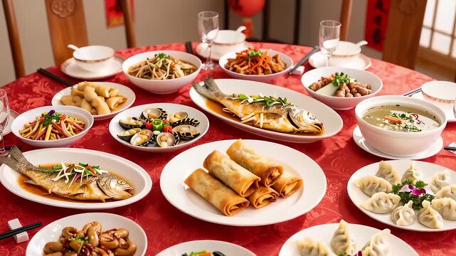 Traditional Chinese New Year reunion dinner on red table