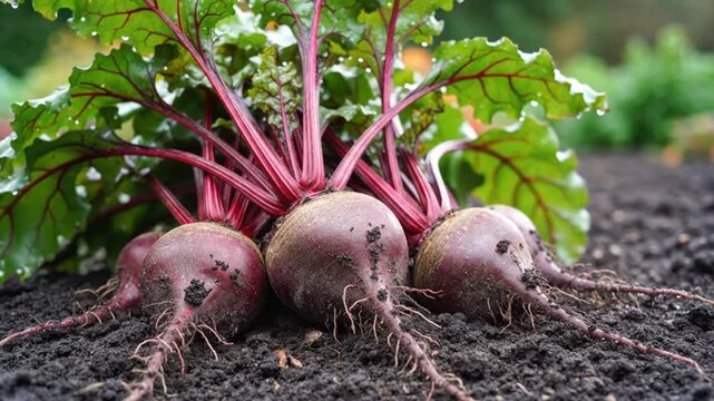 Freshly harvested beets in garden soil with vibrant green leaves and roots showing close up