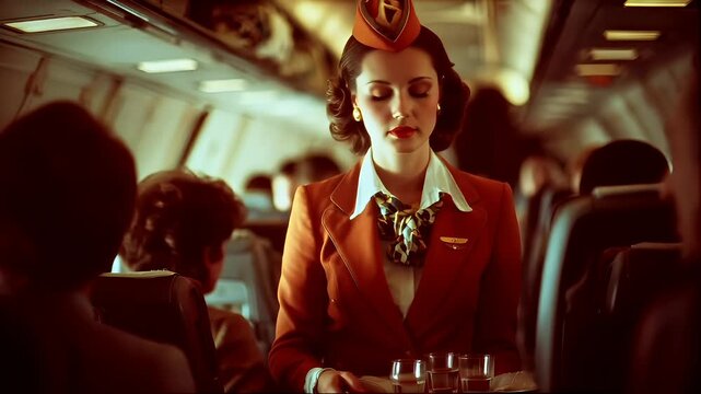 A vivid portrayal of a flight attendant in a cabin setting. The main subject is a woman dressed in a red flight attendants uniform, complete with a matching hat adorned with a golden emblem.