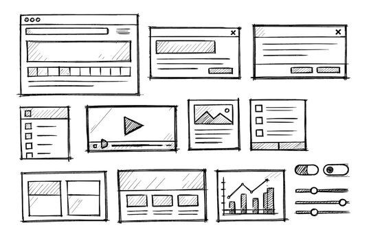 Hand-drawn UI elements and wireframes for web and app design concepts