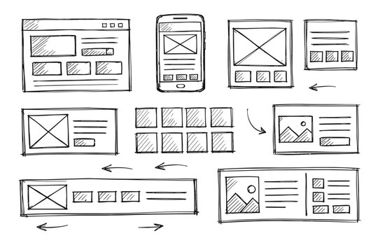 Hand-drawn website wireframes and mobile app layouts for design planning