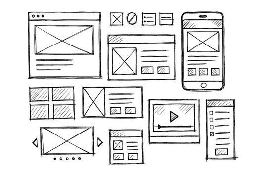 Hand-drawn website and app wireframe sketches for user interface design