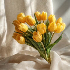 Bouquet of Fresh Yellow Tulips on Beige Linen Fabric