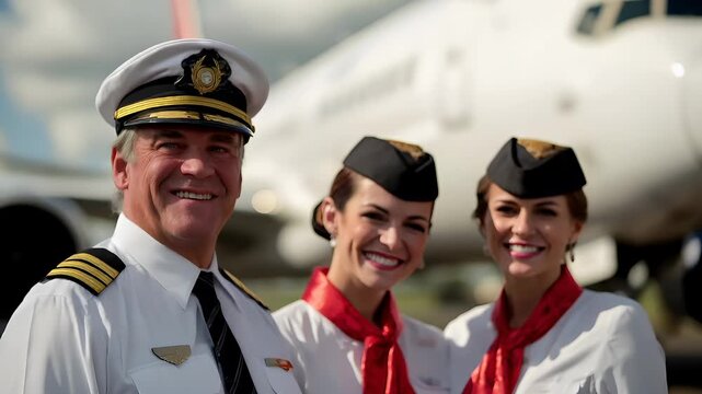 A man in a captains uniform stands in front of an airplane, with a woman in a flight attendants uniform beside him.