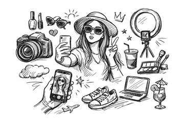 Young woman taking a selfie with a smartphone surrounded by travel and beauty essentials