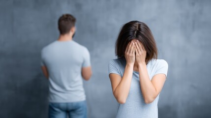Emotional conflict between couple, woman covering face with hands, man standing back to camera, expressing feelings of sadness and distress in a tense relationship atmosphere