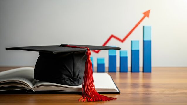 Graduation Cap on Book with Rising Bar Graph and Arrow. - Powered by Adobe